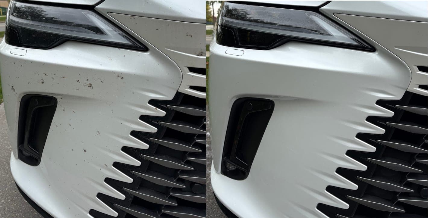 Before and after a detailing service — front grille restored to a clean, premium finish