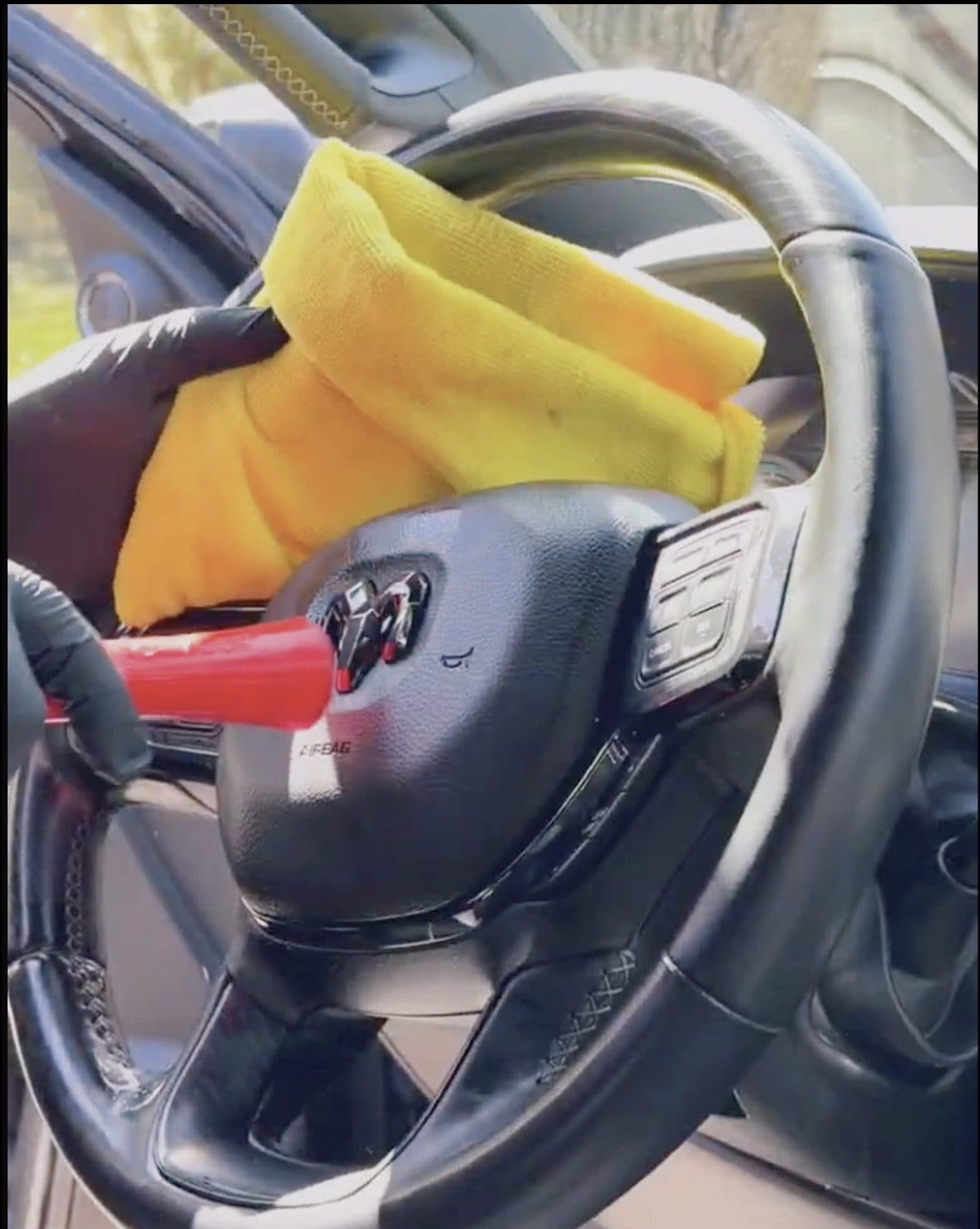 Leather steering wheel wiped clean during a Silver Interior service